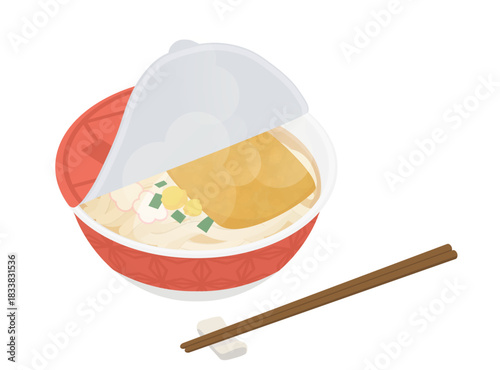 蓋が開いたカップうどんのイラスト