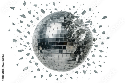 Disco ball shattering into many pieces with glass shards exploding, symbolizing ending parties and broken dreams, transparent background