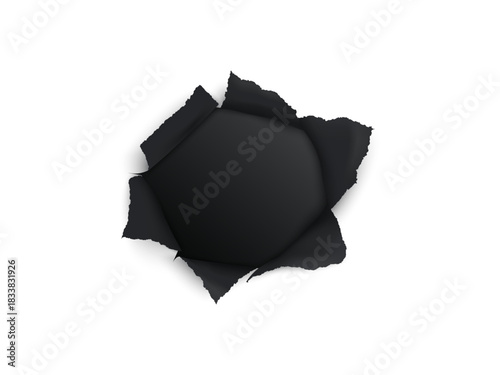 Black torn paper hole isolated on white background design template for ripped effect, broken surface, scrap texture, and creative paper illustration artwork