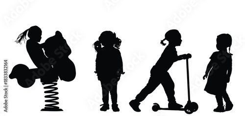 Little girls sisters with friends on playground play game and fun vector silhouette illustration isolated. Young lady female kids. Kitty daughter and friend. Family children love. Favorite toy scooter
