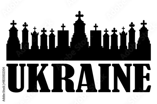 War patriot RIP tombstone Ukraine graveyard vector silhouette illustration isolated. Gravestone headstone. Rest in peace soldier military cemetery. Remembering deceased people, family members.