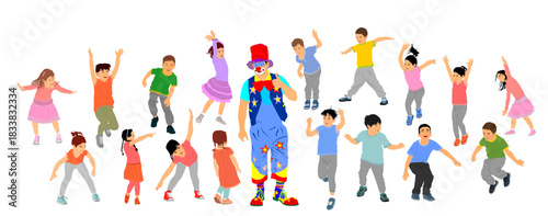 Smiling children happy birthday party clown animator vector illustration isolated. Joyful kids little boys, girls fun laughing. Funny boy jumping playing game. Spread hands child enjoy, daughter, son.
