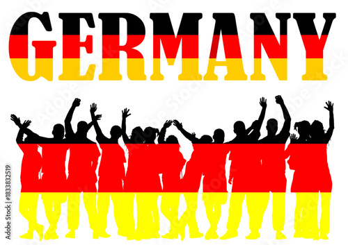 Germany flag over happy people waving hands vector silhouette illustration isolated. Boys girls tourists hand wave saying hi to host. Send off friends goodbye and come again. Family bye bye journey.