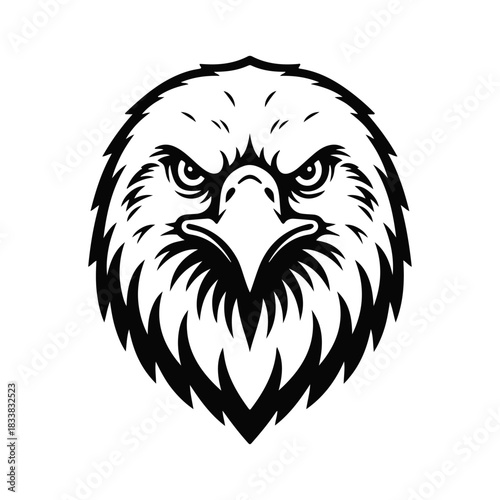 Bold eagle head in black-and-white line art, sharp gaze and detailed feathers, strong symmetrical style. Eagle head, eagle logo, bird emblem, raptor head, hawk head