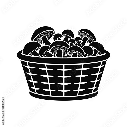 Vector illustration of mushrooms in a wicker basket. Forest mushrooms, wild mushrooms, collection in a basket, natural objects collection, botanical illustration