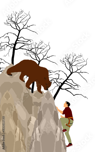 Bear attack man climber on cliff vector illustration isolated. Outdoor nature risk situation, boy life treat against angry beast. Tourist male wildlife danger. Zoo accident animal chasing hunt prey.