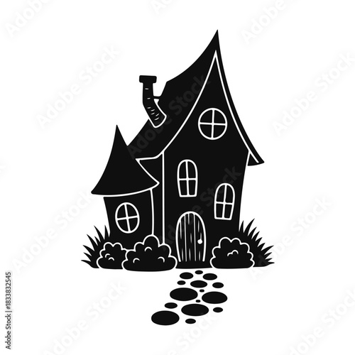 Cartoon house with bright details and a playful cozy look in a simple cheerful style. Cartoon house, cute house, cozy cottage, funny house, children's illustration