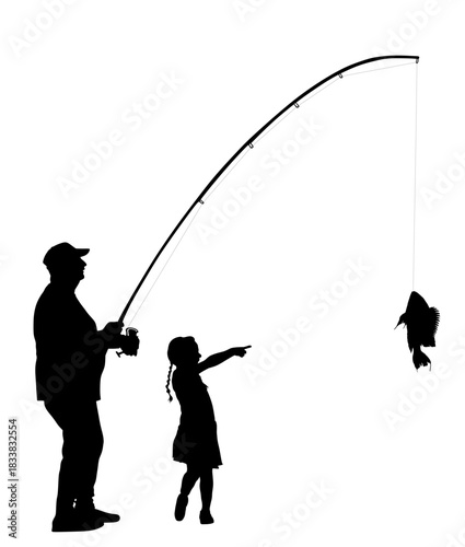 Grandfather fisherman with fishing rod catch the fish for happy girl granddaughter vector silhouette illustration isolated. Outdoor happy family fishing sport activity. Fisher man hobby in nature.