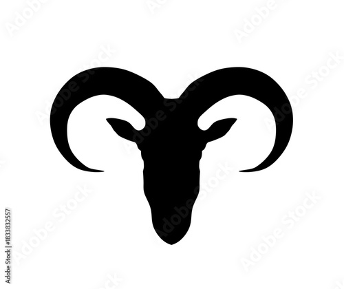 Goat head Barbary sheep vector silhouette illustration isolated on white background. Farm animal symbol. Goat shape shadow. Bighorn ram symbol shape. Rock climbing animal wildlife hiking. Devil sign.