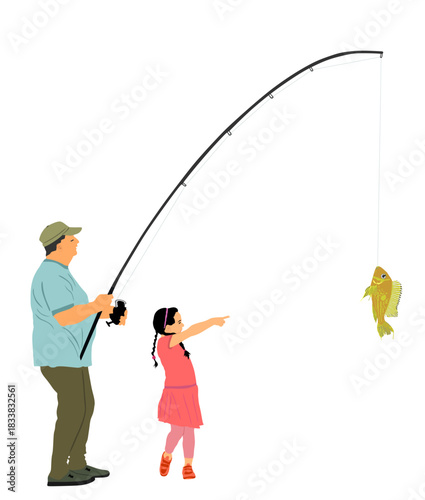Grandfather fisherman with fishing rod catch the fish for happy girl granddaughter vector illustration isolated. Outdoor happy family fishing sport activity. Fisher man hobby in nature. Children joy.