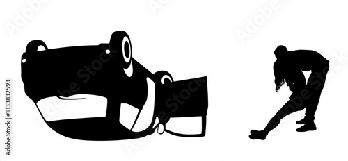 Overturned car crash traffic accident medical help rescue victim vector silhouette illustration isolated. Danger vehicle on road. Drivers alert passengers people. Man carries injured woman first aid.