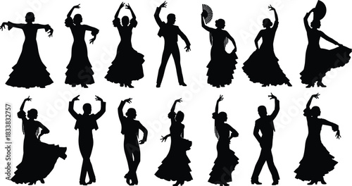 Flamenco Dancers Black Silhouette Set, Spanish Man and Woman in Traditional Costume, Dancing with Hand Fans and Sombrero Hat, Passionate Performance Vector Graphics, Isolated on White.