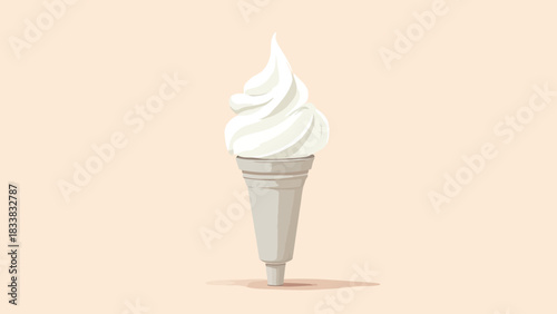 A simple vector illustration of a white vanilla soft-serve ice cream swirl in a grey cone, isolated on a beige background.