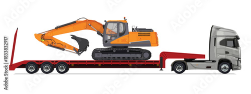 truck side view trailer load semi road haul dig big large long lorry excavator icon design template work auto under work power drive carry cargo wheel mover