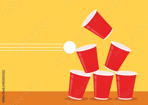Red beer cup vector. Red plastic cup isolated on yellow background. Red plastic party cup.