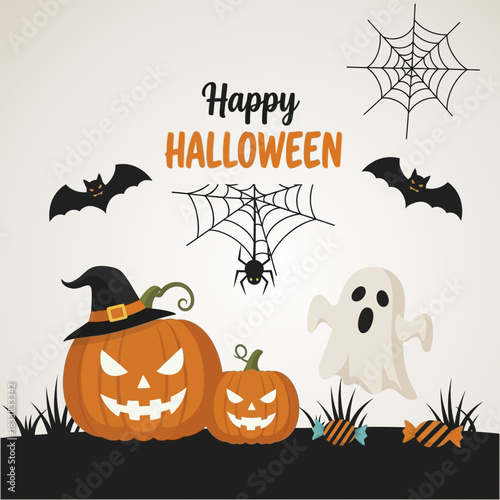 Happy Halloween spooky pumpkins and ghost illustration.