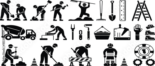 Vector Silhouettes of Construction Workers and Heavy Equipment, featuring an Excavator, Forklift, Cement Mixer, Drill, and Men on Scaffolding for Industrial Projects.Vector Silhouettes 