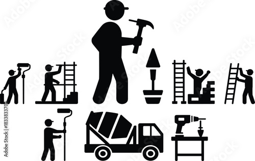 Large Construction Worker Icon with Cement Truck, Drill, and Small Figures working on Scaffolding and Ladders for Building and Renovation Graphics.Large Construction Worker Icon