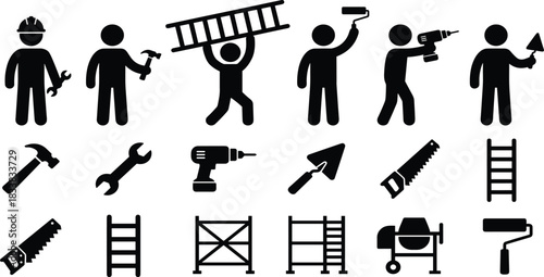 Simple Icon Silhouettes of Construction Workers and Tools, including Pickaxe, Shovel, Ladder, Cement Mixer, Drill, and Saw for Building and Home Repair Graphics.Simple Icon 