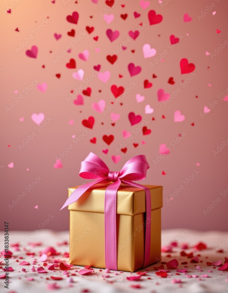 Obraz premium A vertical romantic setup featuring a gold gift box with a pink bow placed at the base of a warm gra