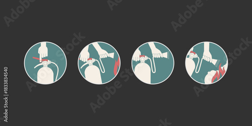 Emergency safety instruction scheme illustration how to use fire extinguisher step by step infographic workplace safety awareness prevention education guide design