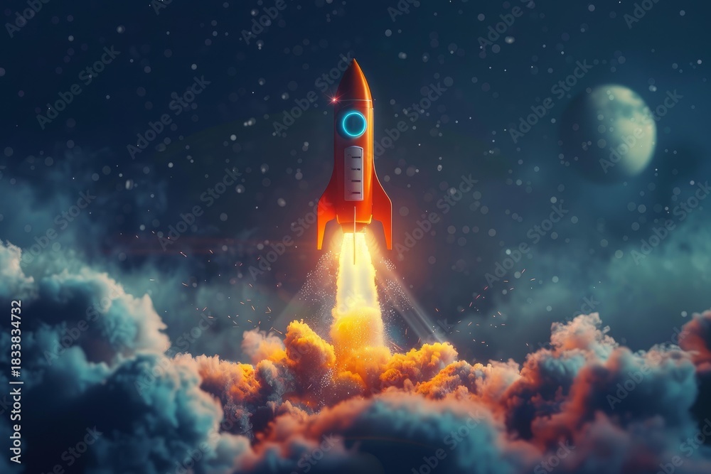 Naklejka premium Orange rocket launching from earth to the moon at night, surrounded by clouds