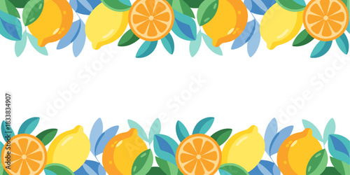 Watercolor citrus fruit border with lemons and oranges on white