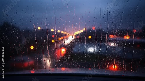 Rainy Night Drive: Loopable Static Shot from Inside a Car at Dusk with Traffic Lights and Raindrops on Windshield