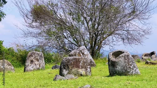 Valley of the Jars, Laos. Phongsavan. Valley of the Jars. The megalithic archaeological landscape consists of thousands of stone jars scattered across the Xiangkhouang Plateau. 4К