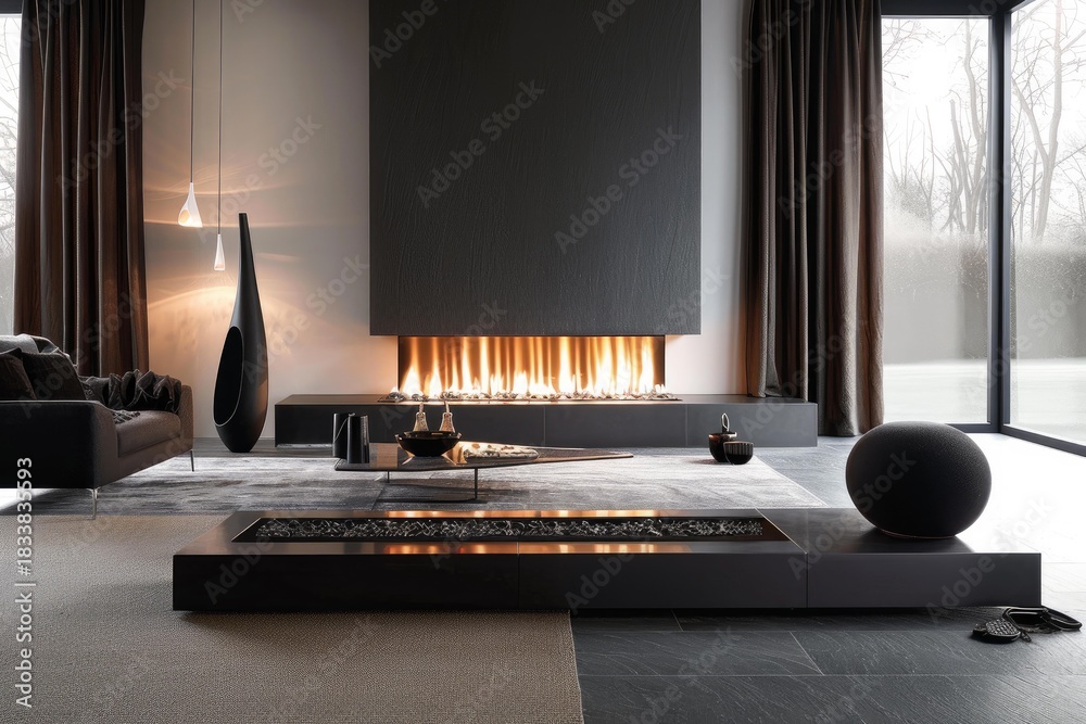 Naklejka premium Cozy and warm interior design with fireplace burning on snowy winter day