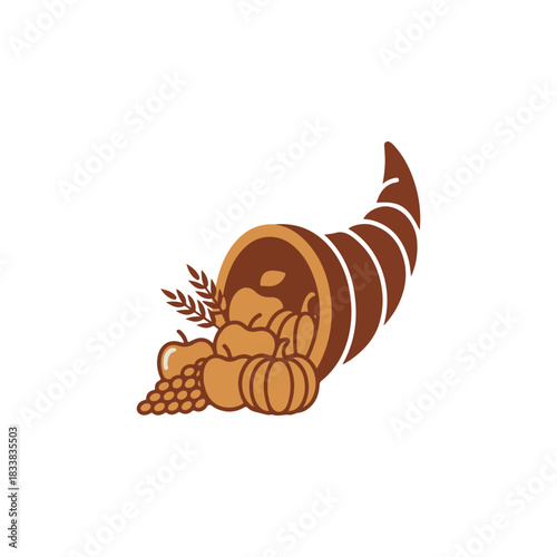 Stylized cornucopia icon, the horn of plenty overflowing with autumn harvest fruits and vegetables for Thanksgiving