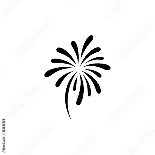 A minimalist black firework burst icon. This simple vector graphic is an isolated symbol representing celebration, parties, and festive pyrotechnics