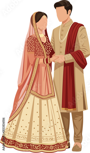 Romantic Indian Wedding Couple Standing Together in Traditional Outfits