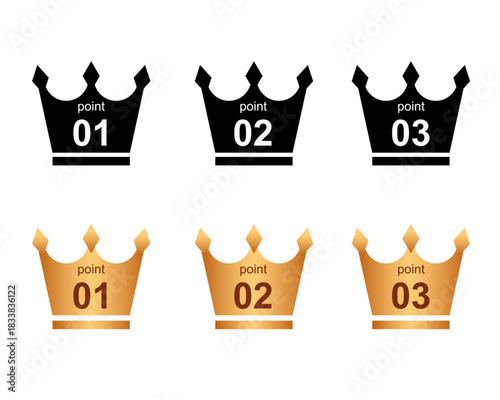 黒と金の王冠（クラウン）にポイント番号01・02・03が入ったアイコンセット。ランキングや強調表示、ポイント説明に使えるシンプルなベクターイラスト