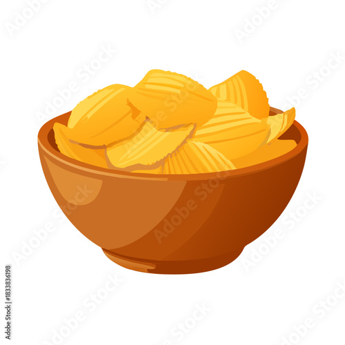 A bowl of crispy, salted potato chips, a crunchy, unhealthy snack on white, isolated