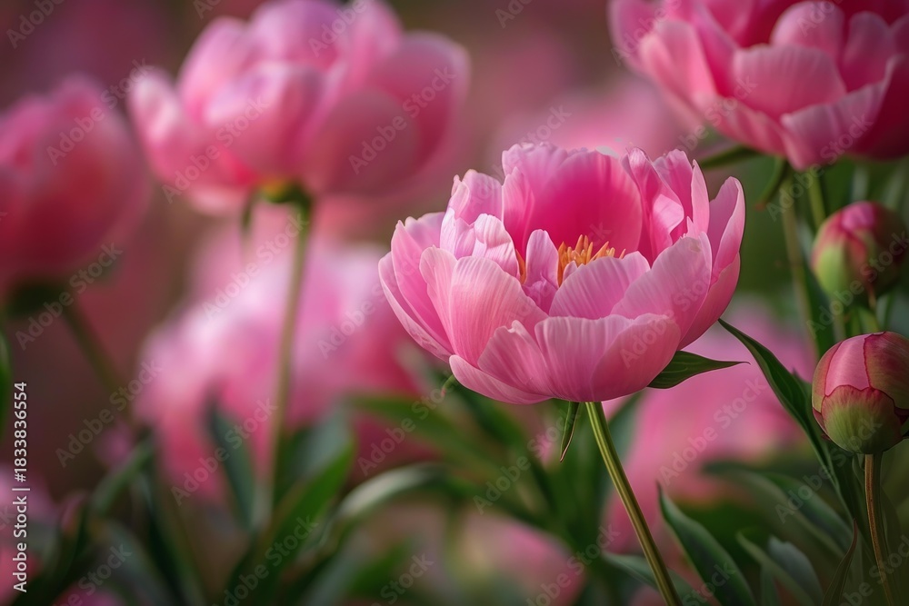 Fototapeta premium Beautiful pink peonies blooming in a garden create a stunning springtime scene