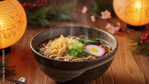 Steaming Toshikoshi Soba Noodle Soup with Tenkasu (Tempura Scraps) and Kamaboko, Set Against Traditional Japanese Lanterns and Pine Branches for New Year's