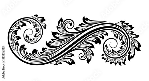 Ornate floral design featuring intricate swirls and leaves on a white background
