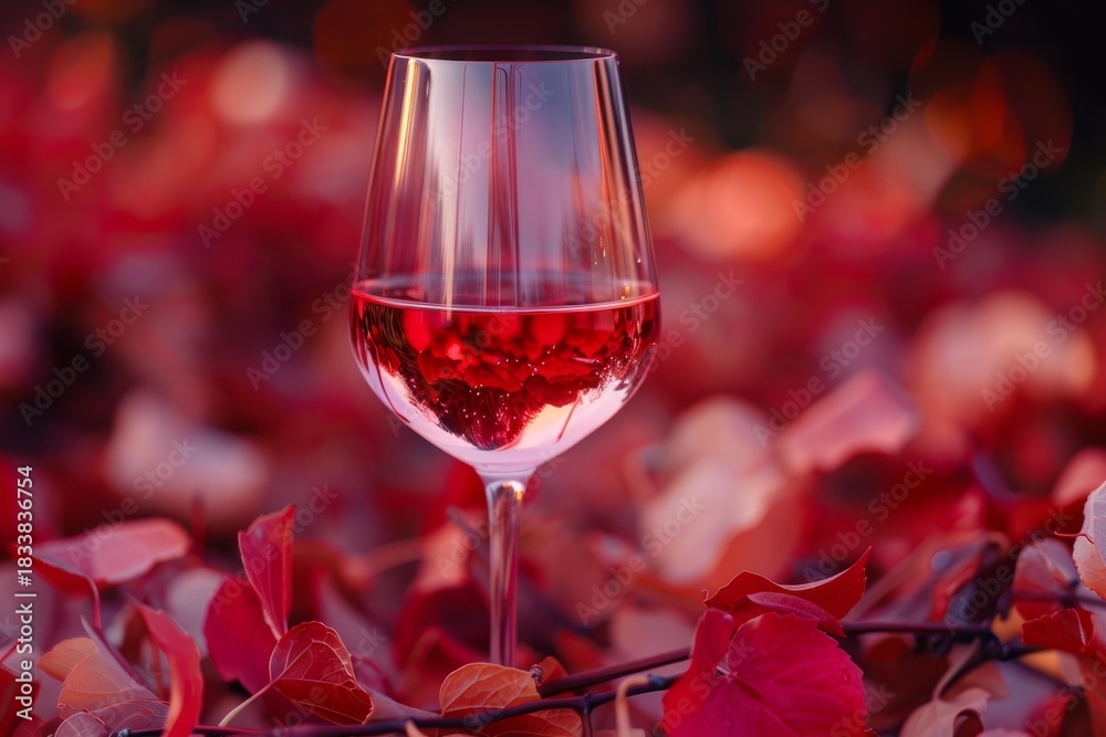 Obraz premium Glass of rose wine sits on a bed of vibrant red autumn leaves, creating a cozy and seasonal atmosphere