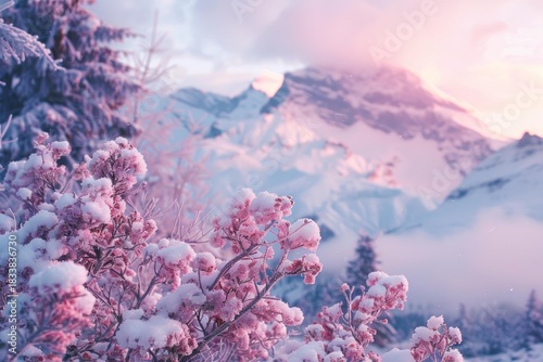 Delicate pink flowers covered with fresh snow create a stunning contrast against the backdrop of majestic snow capped mountains at sunset