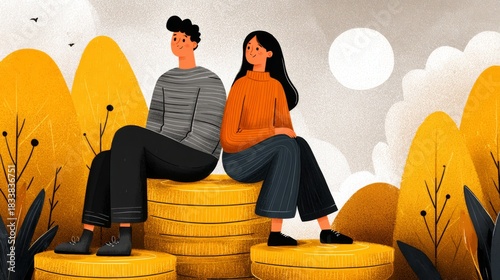 Young men and women and the pile of wealth gold coins