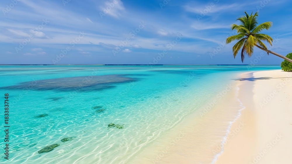 Fototapeta premium A Solitary Palm Tree Leaning Over a Pristine White Sand Beach and Turquoise Lagoon.
