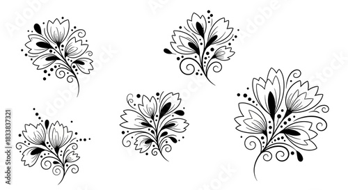 Elegant floral designs featuring intricate patterns and details in black and white