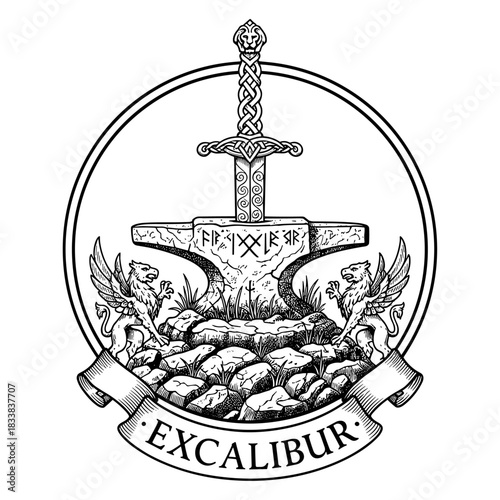 Excalibur emblem with sword in stone and griffins