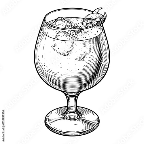 Cocktail in wine glass with ice and orange peel garnish
