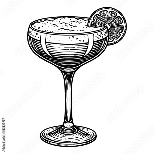 Pisco sour cocktail in coupe glass with lime wedge garnish