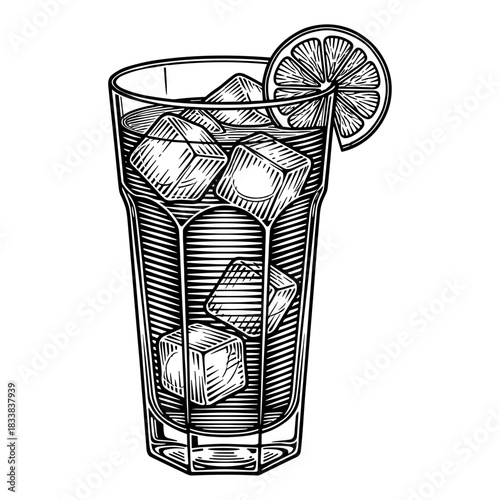 Cuba libre cocktail with lemon slice garnish on tall glass rim