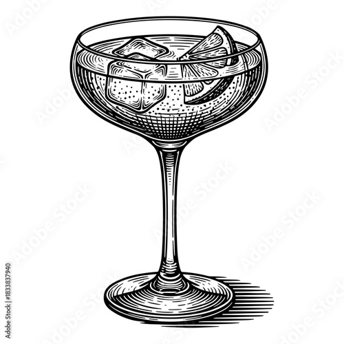 Last word cocktail in coupe glass with ice and lemon wedge