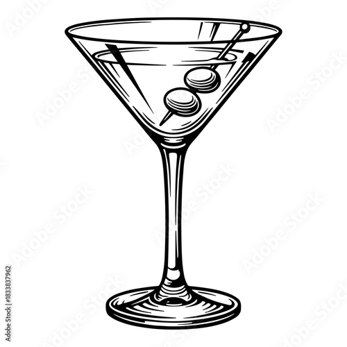 Martini cocktail with olives in classic martini glass