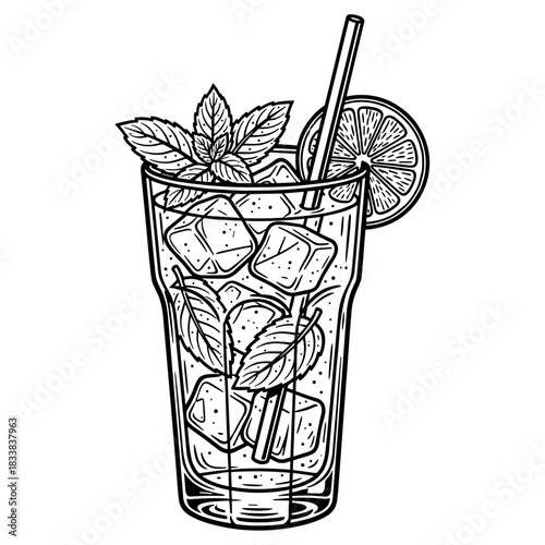 Mojito cocktail with mint leaves, lime, and straw in vintage style